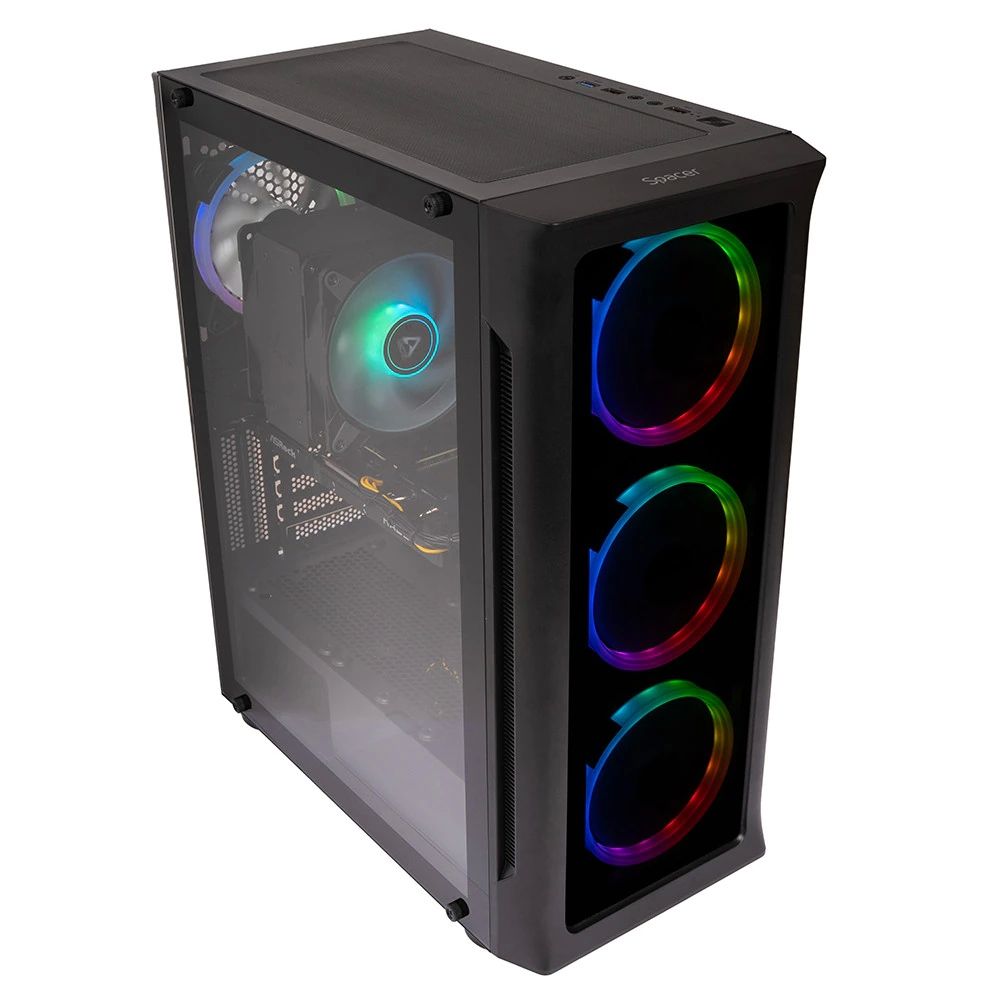 Sistem Desktop PC Gaming Spacer Conqueror, Ryzen 5 9600X, 32 GB DDR5, 2 TB SSD, Radeon RX 9060 XT Challenger 8GB OC, No OS, negru, 
