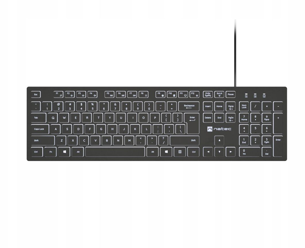 Tastatura Natec cu fir Herring Slim, membrana, iluminare alb taste, lungime cablu 150cm, 105 taste, layout ANSI-ISO, negru_1