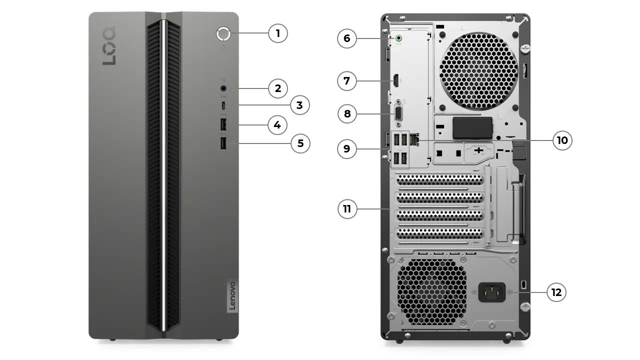 Desktop Gaming Lenovo LOQ Tower 17IRR9 , Intel® Core i5-14400, 10C (6P + 4E) / 16T, P-core 2.5 / 4.7GHz, E-core 1.8 / 3.5GHz, 20MB Intel Smart Cache, video NVIDIA® GeForce RTX™ 5050 8GB GDDR7, RAM 2x 24GB UDIMM DDR5-4800; Two DDR5 UDIMM slots, dual-channel capable; Up to 32GB DDR5-5600,  1TB SSD M.2_2