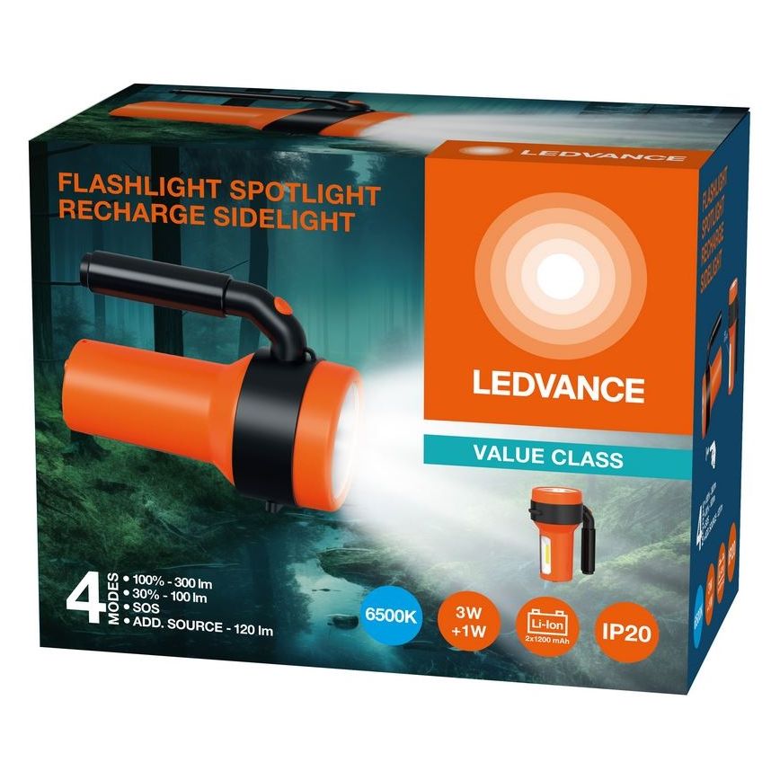 Lanterna LED de mana Ledvance Spotlight, 3W + 1W COB, 300 lm, lumina rece (6500K), 4 moduri de iluminare, acumulator Li-Ion 2x1200mAh, IP20, cablu incarcare USB inclus, Portocaliu/Negru_1