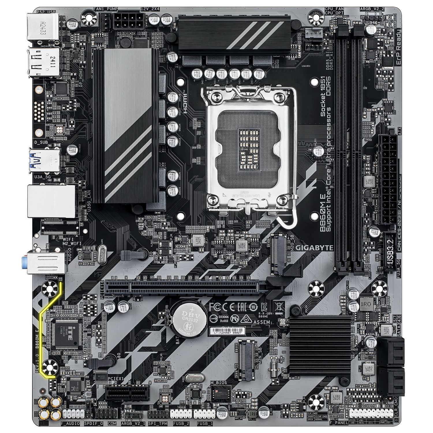 GIGABYTE B860M E. Processor manufacturer: Intel, Processor socket: LGA 1851 (Socket V1), Compatible processor series: Intel Core Ultra (Series 2). Supported memory types: DDR5-SDRAM, Maximum internal memory: 128 GB, Memory slots type: DIMM. Supported storage drive interfaces: M.2, PCI Express 4.0_1