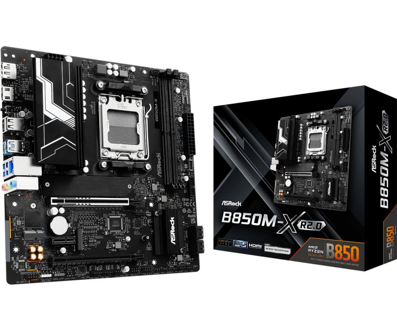 Asrock B850M-X R2.0. Processor manufacturer: AMD, Processor socket: Socket AM5, Compatible processor series: AMD Ryzen 7000 Series, AMD Ryzen 8000 Series, AMD Ryzen 9000 Series. Supported memory types: DDR5-SDRAM, Maximum internal memory: 128 GB, Memory slots type: DIMM. Supported storage drive_1
