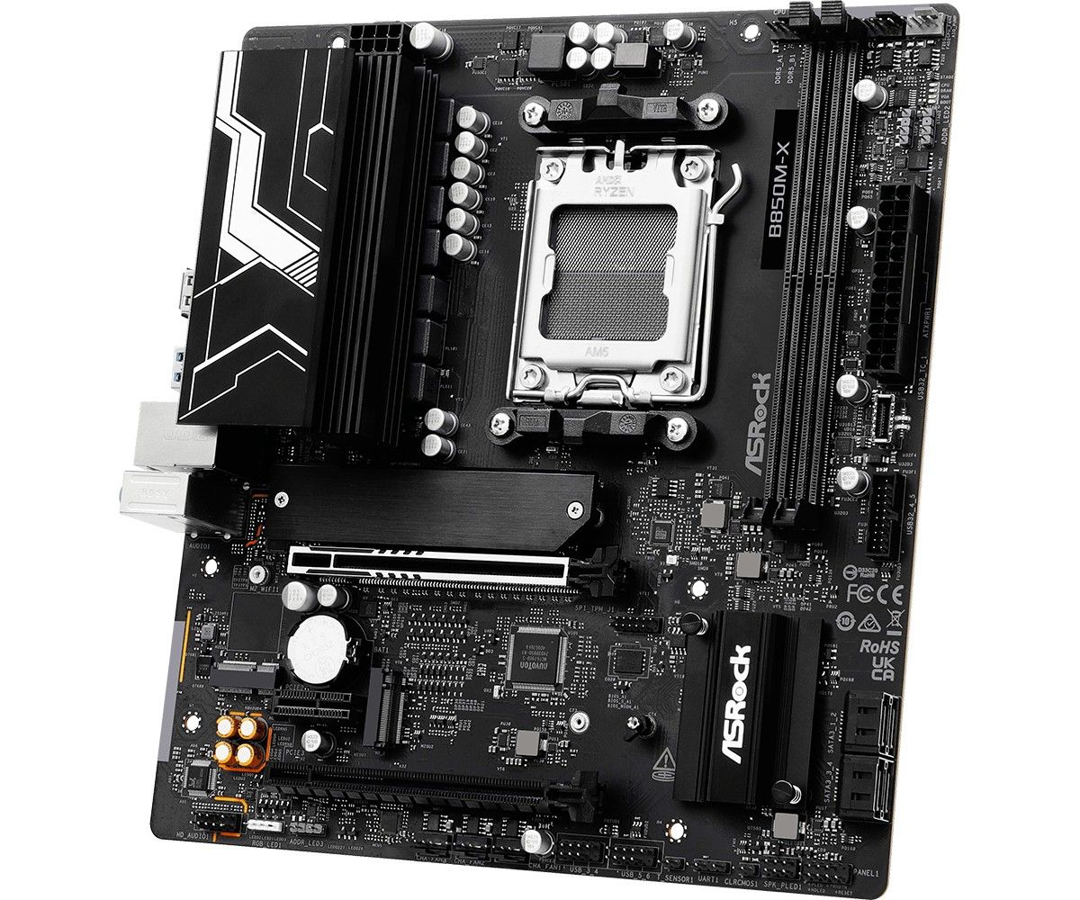Asrock B850M-X R2.0. Processor manufacturer: AMD, Processor socket: Socket AM5, Compatible processor series: AMD Ryzen 7000 Series, AMD Ryzen 8000 Series, AMD Ryzen 9000 Series. Supported memory types: DDR5-SDRAM, Maximum internal memory: 128 GB, Memory slots type: DIMM. Supported storage drive_2