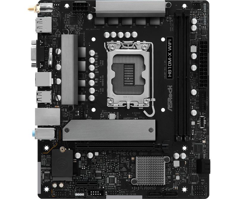 Asrock H810M-X WiFi. Processor manufacturer: Intel, Processor socket: LGA 1851 (Socket V1), Compatible processor series: Intel Core Ultra (Series 2). Supported memory types: DDR5-SDRAM, Maximum internal memory: 128 GB, Memory slots type: DIMM. Supported storage drive interfaces: M.2, SATA III_1